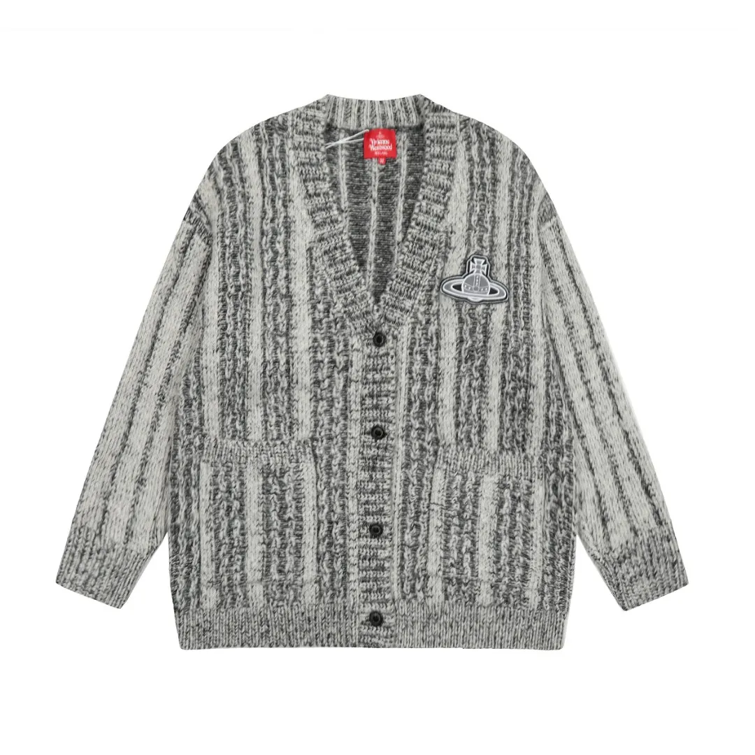 Vivi131 super high weight for men and women" vivienne west wood 24 autumn and winter men's casual old gray black splicing heavy industry high weight cardigan West Queen Vivian heavy industry show limited cardigan knitted sweater wool 2024 autumn latest style Size: S -M- L Color: uniform color